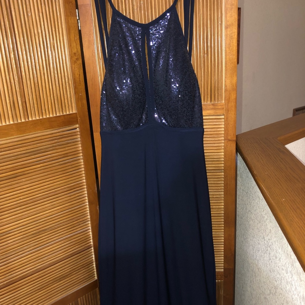 X by Xscape Navy Blue with Sequins Prom Dress.